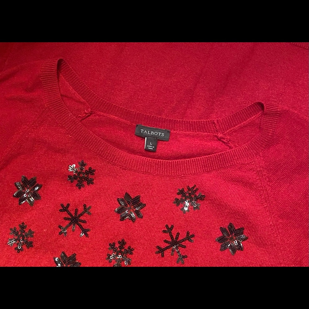 Talbots Size Large Wool Blend Snowflake Sequin Sweater Pullover Red 3/4 Sleeves